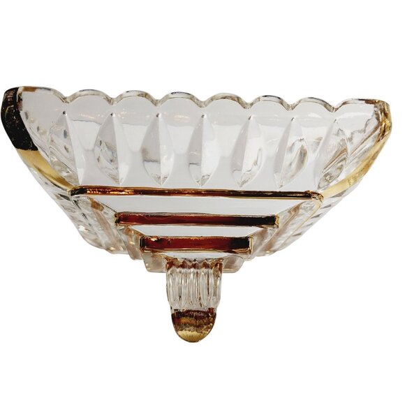 Jeannette Glass Wedding Bowl Lidded Pedestal Candy Dish Trinket Gold Trim - Picture 10 of 11